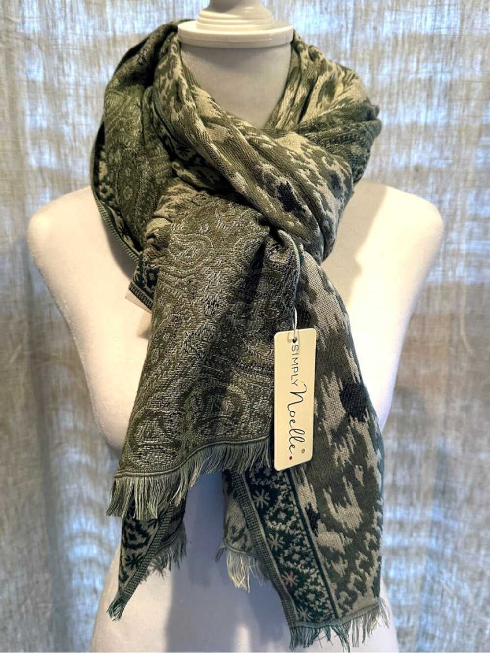 Simply Noelle Olive Green Oversized Scarf Shawl Wrap 28x76 Fringe NWT